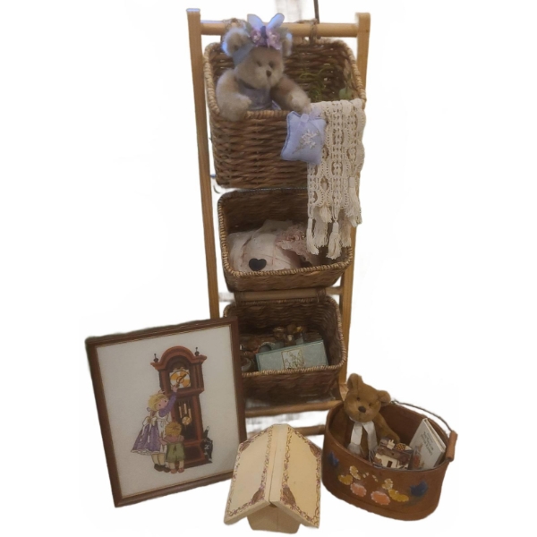 Children’s Decor Bundle With Wicker Basket Stand, Teddy Bears, Wall Art, and Wood Items