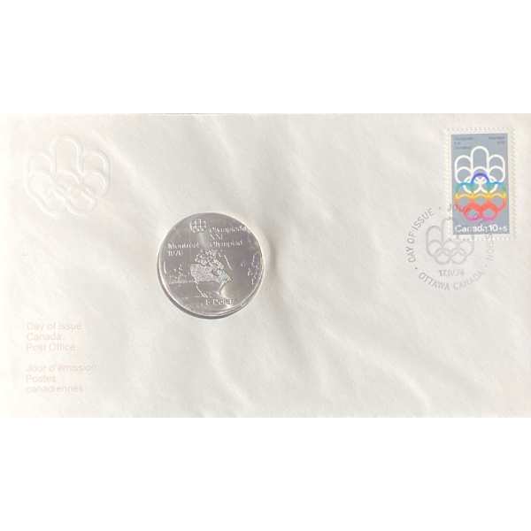 1976 Day of Issue Montreal Olympic Coin & Stamp 92.5% Silver 24.3 Grams