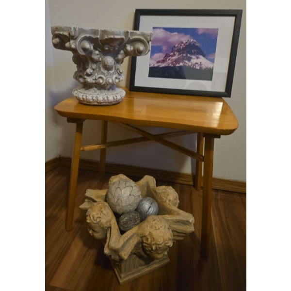 Small Wooden Side Table (21W, 17D, 18T) w/ Planters, Framed Mountain, Dolls 