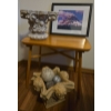 Image 1 : Small Wooden Side Table (21W, 17D, 18T) w/ Planters, Framed Mountain, Dolls 