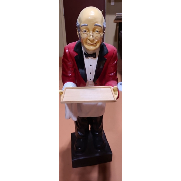 Butler Resin Statue with Red Blazer Holding Tray 37 T, 11 L, 10 W 