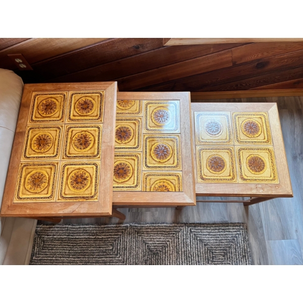 Vintage 1970s three combining teak coffee tables with vintage tile tops largest one is 18” height 21