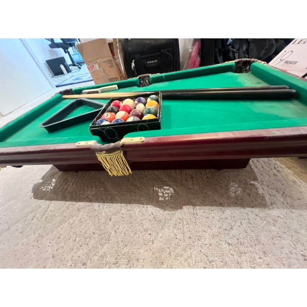 table, top pool table, including all cues rack, balls, and brush in good condition