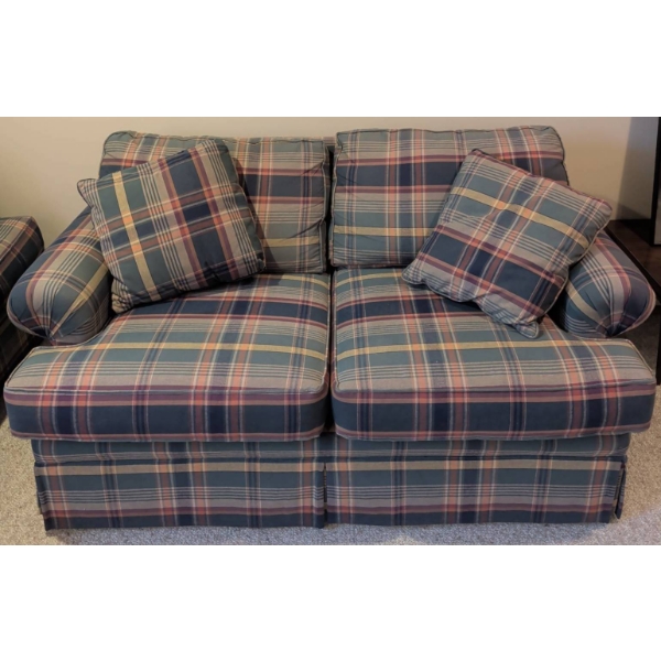 Plaid Upholstered Loveseat with Two Matching Cushions