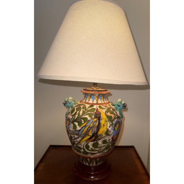 Italian Majolica Pottery Table Lamp w/ Griffin Head Handles & Handpainted Floral Motif
