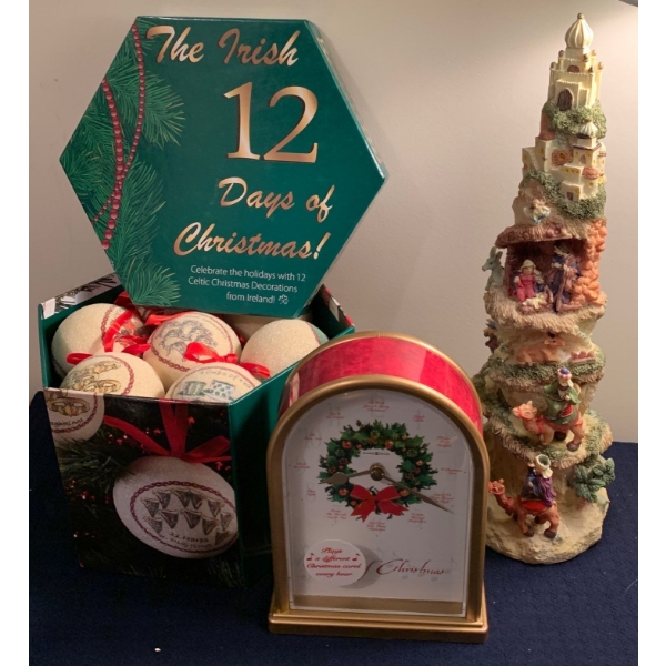 Decorative Holiday Decor - Evergreen Nativity Idol w/ 12 Days of Christmas Balls