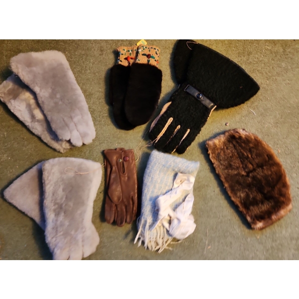 Collection of Sheepskin Mittens and a Fur Hat (Small Size)