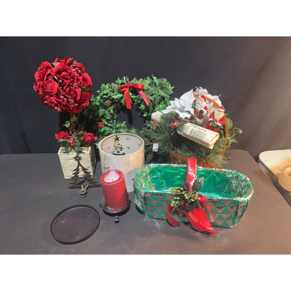 Holiday Decor Lot with Arrangements, Candle Holders, and Basket