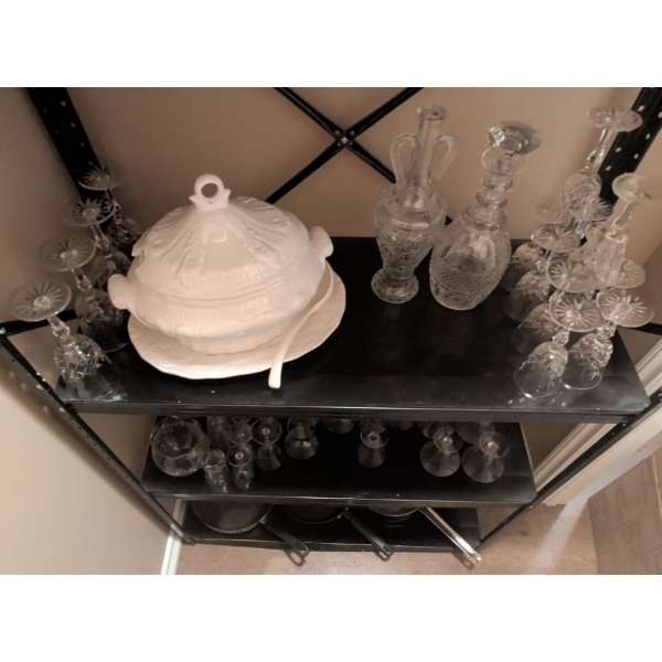 Crystal Decantors Assorted Stemware Soup Tourine & Kitchen Frying Pans 