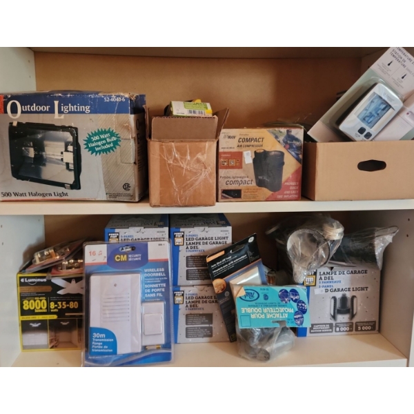 Outdoor/ Garage Lighting, Compact Air Compressor, Temperature Station, Wireless Doorbell and More!
