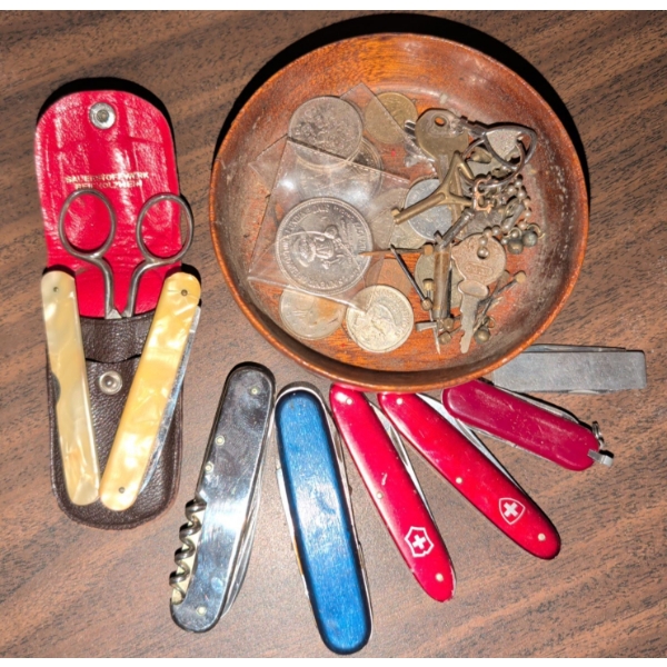 Vintage Coin & Key Collection w/ Swiss Army Multi Tools Pocket Knives & More