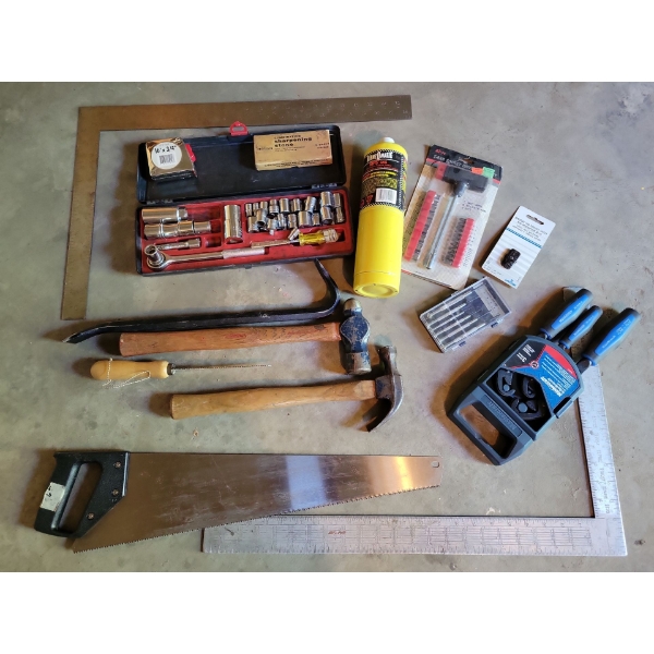 Assorted Hand Tools - Methane Gas Tank Drywall Squares Precision Tool Set Hammers & more