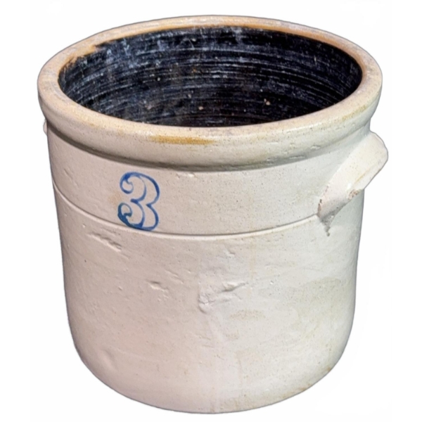 Stoneware Three Gallon Crock and Glazed Whiskey Jug