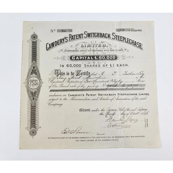 Historical Share Certificate For Cawdery's Patent Switchback Steeplechase Limited, Dated Dec 9, 1896