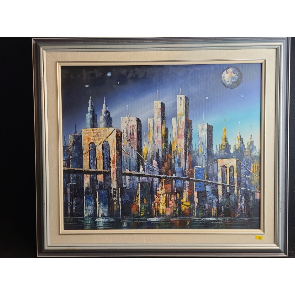 Cityscape w/ Moons in Sky Painting, Unsigned, Framed, 31 X 27