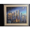 Image 1 : Cityscape w/ Moons in Sky Painting, Unsigned, Framed, 31 X 27
