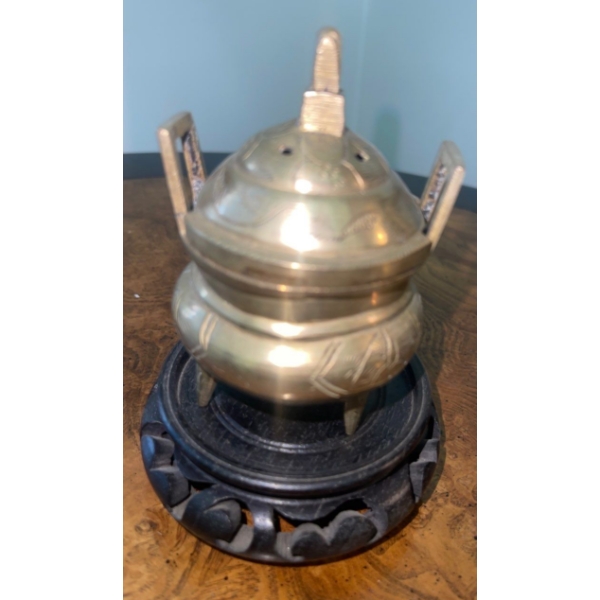 Chinese Brass Tripod Censer w/lid  Footed w/Stand + Asian Collectible Trinkets