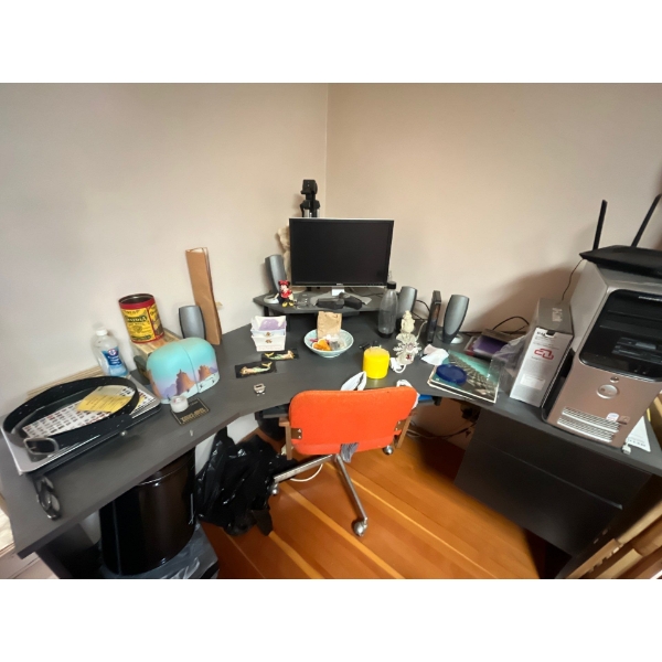 computer desk with contents chair, Dell computer with modem, keyboard, and screen along with altech 