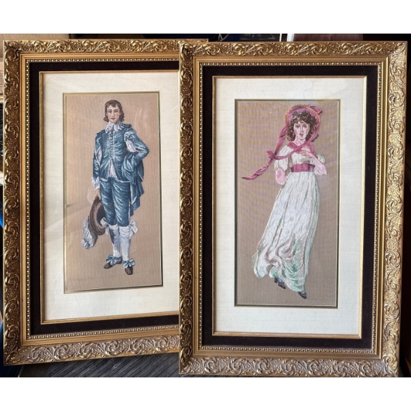 Beautiful Needlepoint Art In Gold Gilt Frames - Boy Blue & Pink Lady
