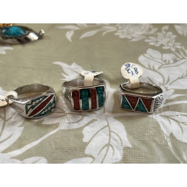 3 x Navajo-style, white Bronze Rhodium Finish featuring a chip inlay of turquoise and red coral. 