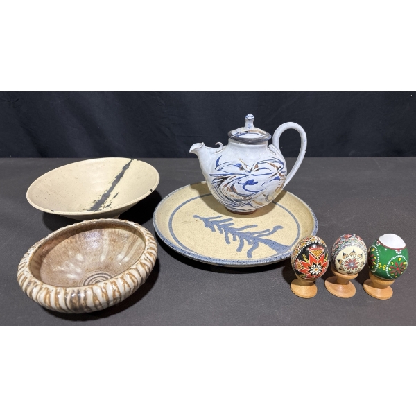 Studio Pottery Set and Painted Eggs on Wooden Stands