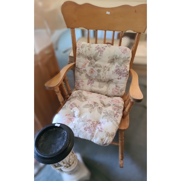 Wooden Rocking Chair 21.5 W, 32 D, 36 T and Resin Floor Ashtray/ Plant Stand 8 W, 8 D, 24 T