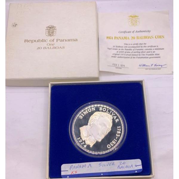 1974 Panama 20 Balboas Coin w/ CoA, (Panama Silver? Has a Smell) 130.2 Grams 