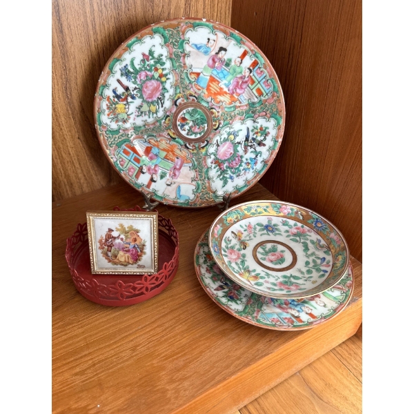 Chinese Famille Rose Medallion Serving Ware w/ Merlot Colored trinket Box & more