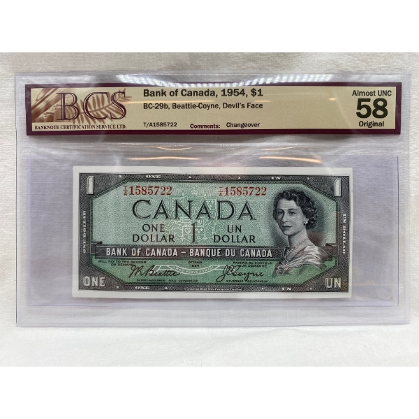 Graded Canadian 1954 Devils Face $1 Almost UNC Prefix: T/A