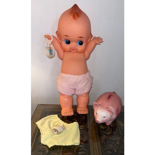 Vintage Kewpie Doll w/ Ceramic Piggy Bank Spare Diapers Toy Rattle 21T