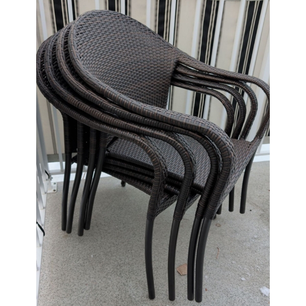 4 Rattan Armchairs w/ Stone Tiled Table & 6 ft Tall Metal Plant Hanger 