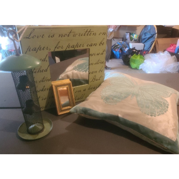 Decor Lot: Green Bird Feeder, Framed Quote Mirror, Gold Mini Mirror, Butterfly Pillow