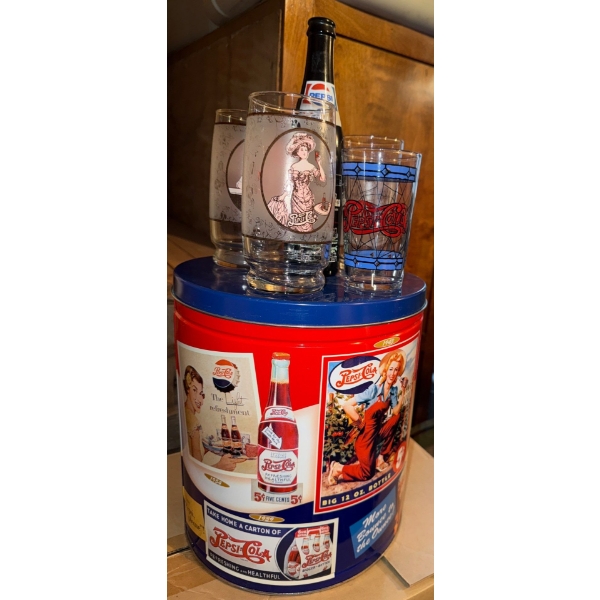 1994 Pepsi-Cola Collectible Popcorn Tin & Advertising Motif Drinking Glasses