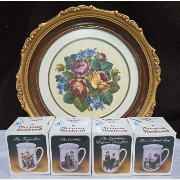 Decorative Hanging Plate w/ 4 Norman Rockwell Collectable Decorative Glasses 