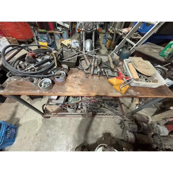 shop cart rolling with good casters, including a number of various tools, torches copper pipe 