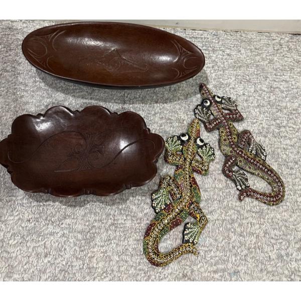 Gorgeous Ironwood Tribal Bowls (2, Longest 12L) Borneo w/ Malaysian Hand Painted Lizards 