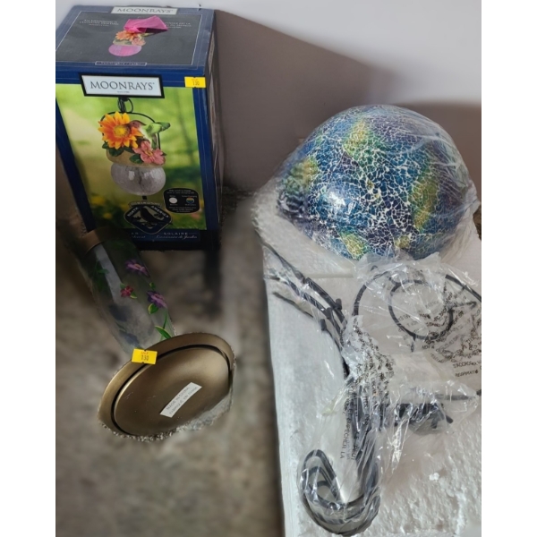 Garden Decor: Solar Lantern w/ Flowers, Hummingbird Feeder, Mosaic Ball on Stand (All New)