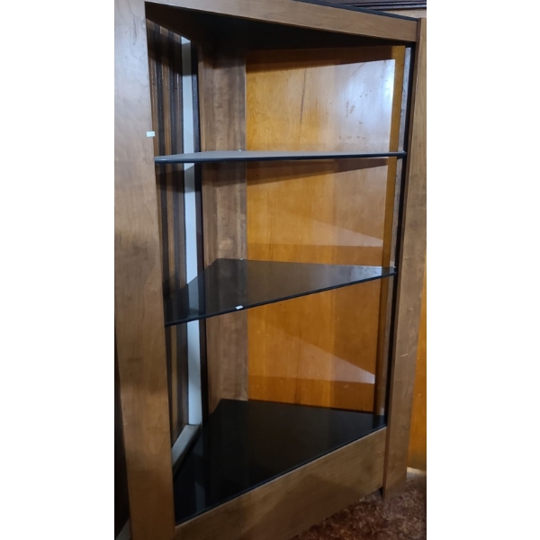 Wood and Glass Corner Unit Shelving 51 W, 24 D, 80 T (Open Back and Sides/ Photo Against Wood Wall)