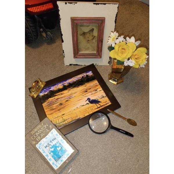 Painting, Frame, The Book Of Common Prayer + A Magnifying Glass & Brass Letter Opener
