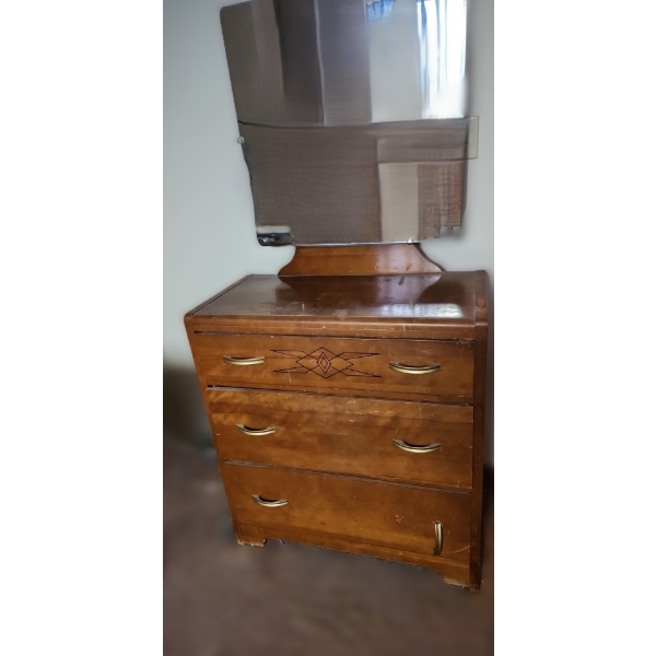 Vintage Wooden 3 Drawer Dresser: 32 W, 16 D, 34 T D and Attached Mirror 26 X 30