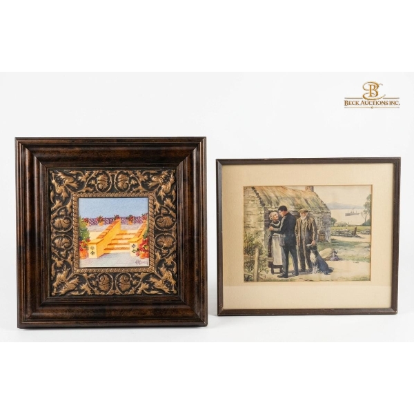 Pair Of Vintage Framed Artworks Mediterranean-Style Balcony Scene & Art Print "The Departure"