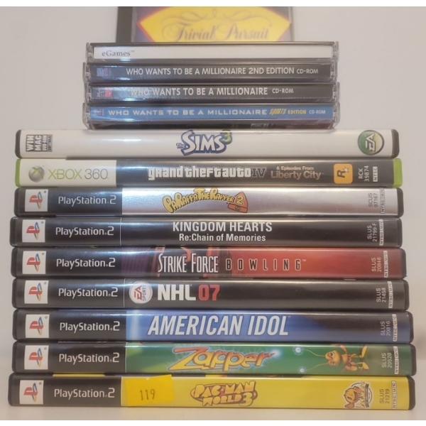Assortment Of Play Station 2 Games  X-Box eGames  Grand Theft Auto NHL 07' Pac-Man Sims Zapper