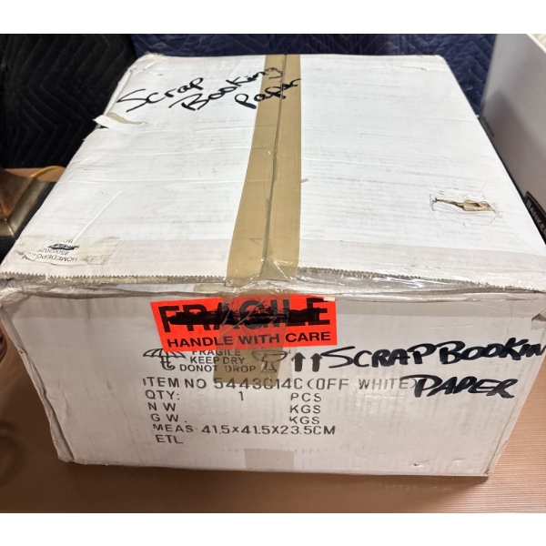 Cardboard Shipping Box with 'Scrap Book Paper' Labels