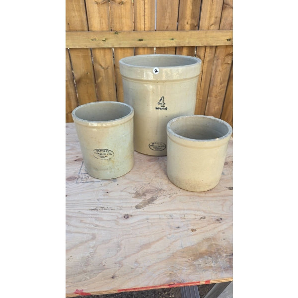 Medalta 4-Gallon and Two 1-Gallon Stoneware Crocks