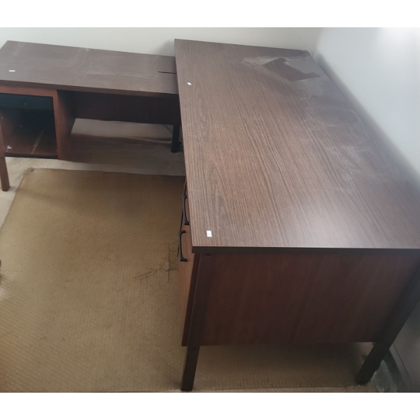 Vintage L Shaped Desk 63 D/ 59.5 W, 17.5 T/ 30 D, 25/ 28 T w/ File Cabinet Drawer