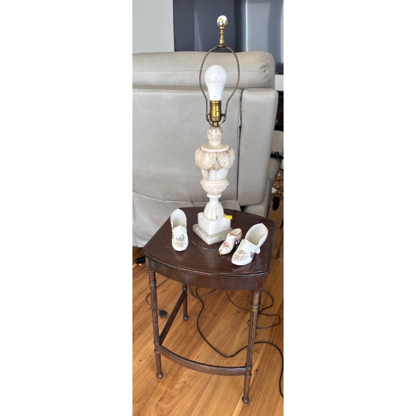 Side Table with Lamp and Fine Bone China Collectible Shoes