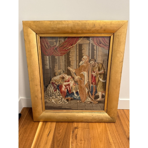 19th Century Needlecraft Tapestry Art 25x29 In Broad Gold Frame