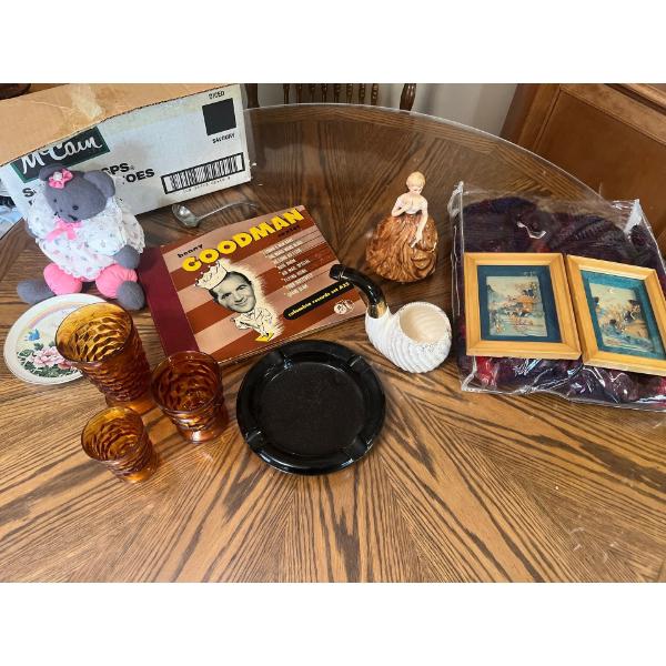 Collection of Amber colour diamond cut glasses vantage Amber cigar ashtray, and a record set by Benn