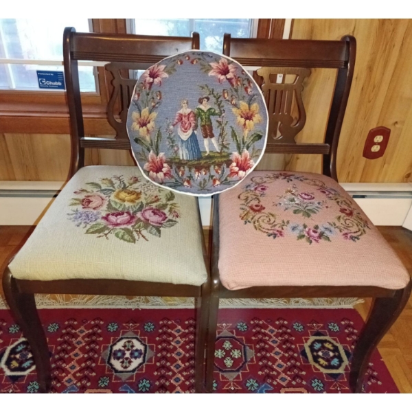 19th Century Queen Anne Style Floral Embroidered Tapestry Chairs & Home Made Round Pillow  41"tall