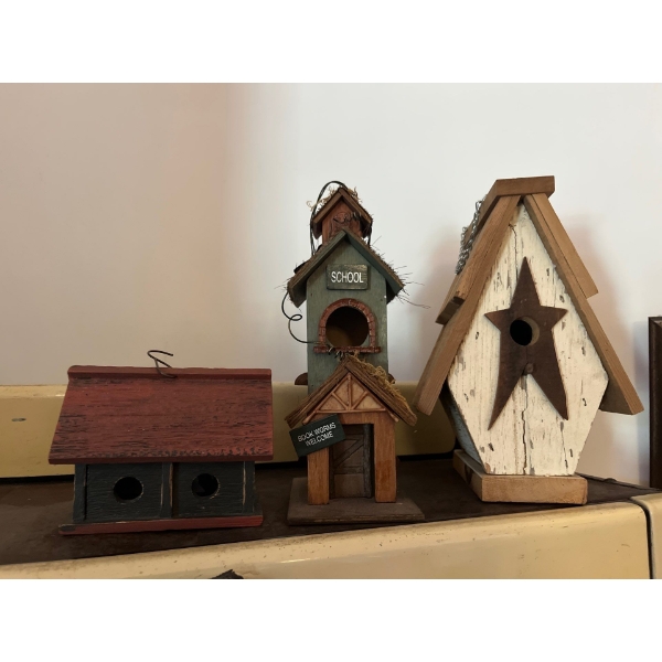  selection of three birdhouses, small, medium, and large all hand painted and had made some from old